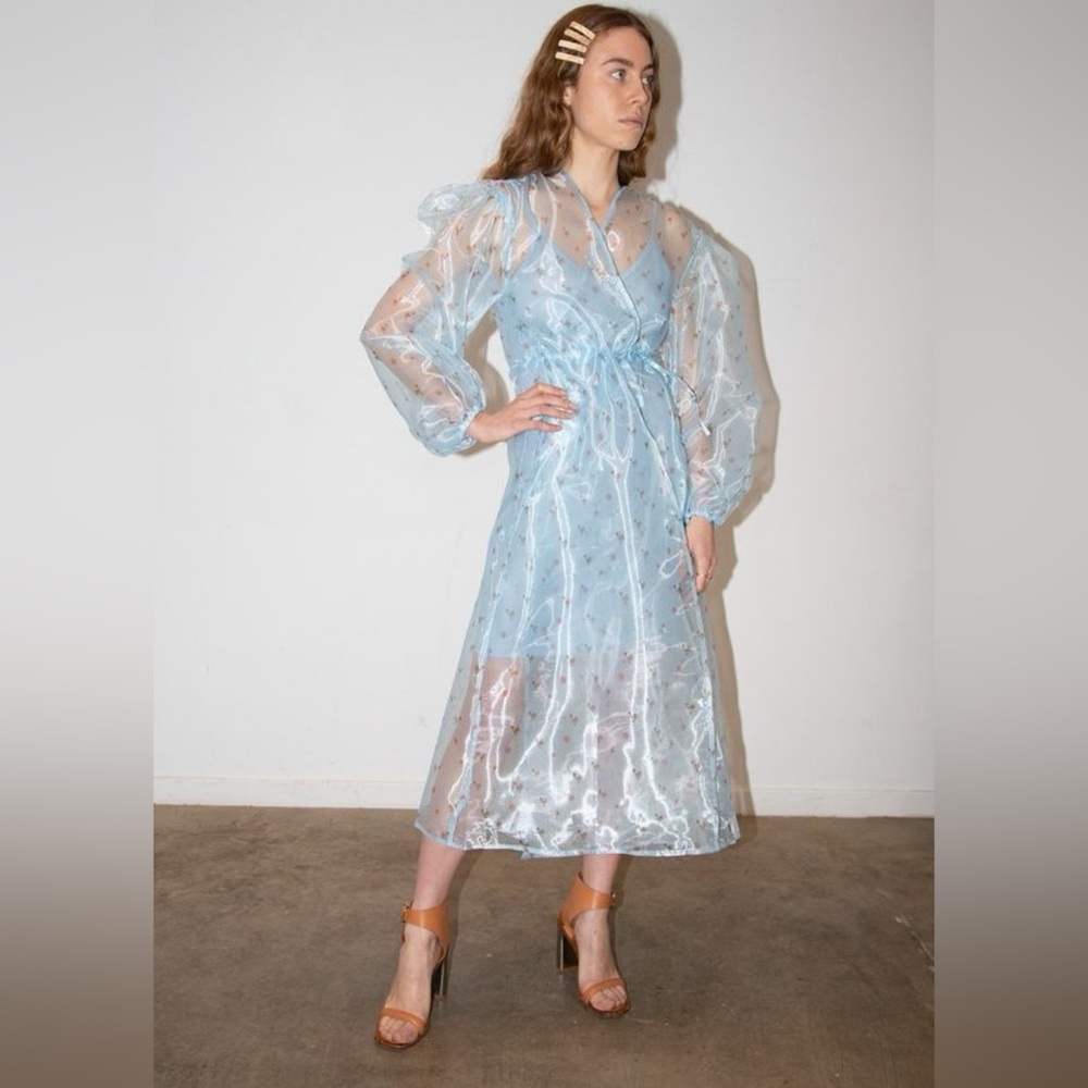 Light Blue Sheer Midi Dress with Puff Sleeves and Tie Waist